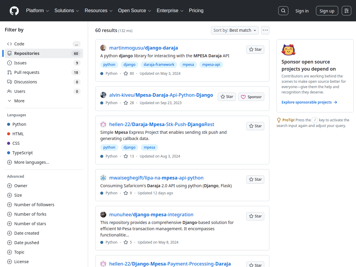 GitHub search results for mpesa daraja django
