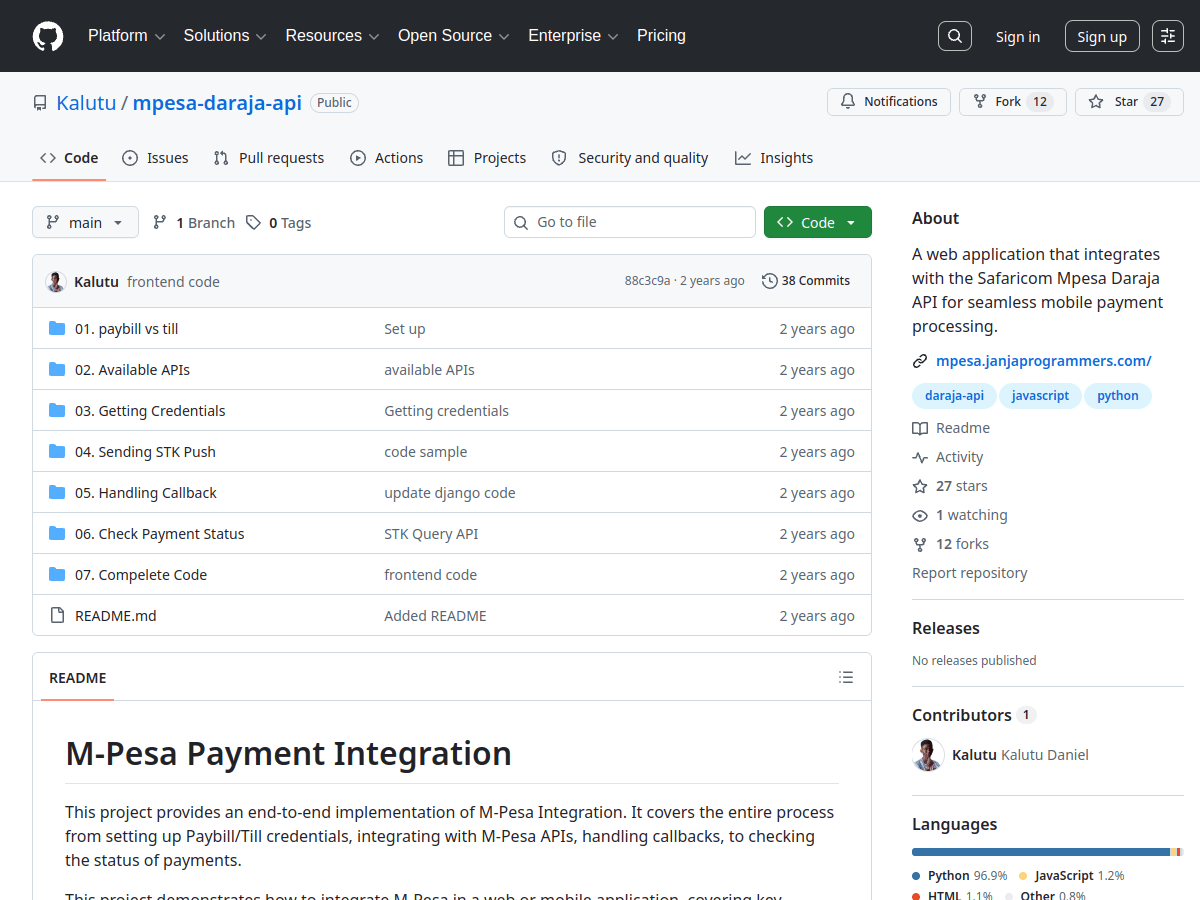 kalutu/mpesa-daraja-api tutorial repository on GitHub
